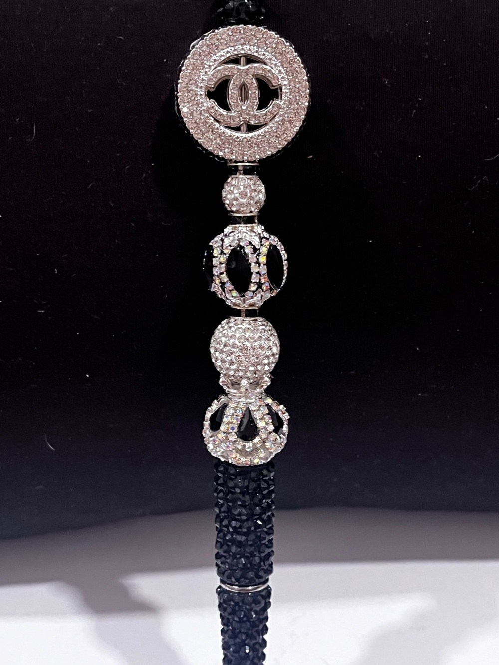 Designer inspired sliver rhinestone encrusted monogram focal fancy beaded pen